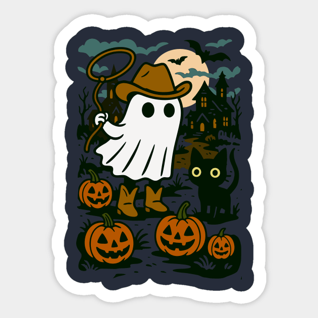 Cowboy Ghost and Black Cat – Cute Halloween Western Design Sticker by DonWillisJrArt